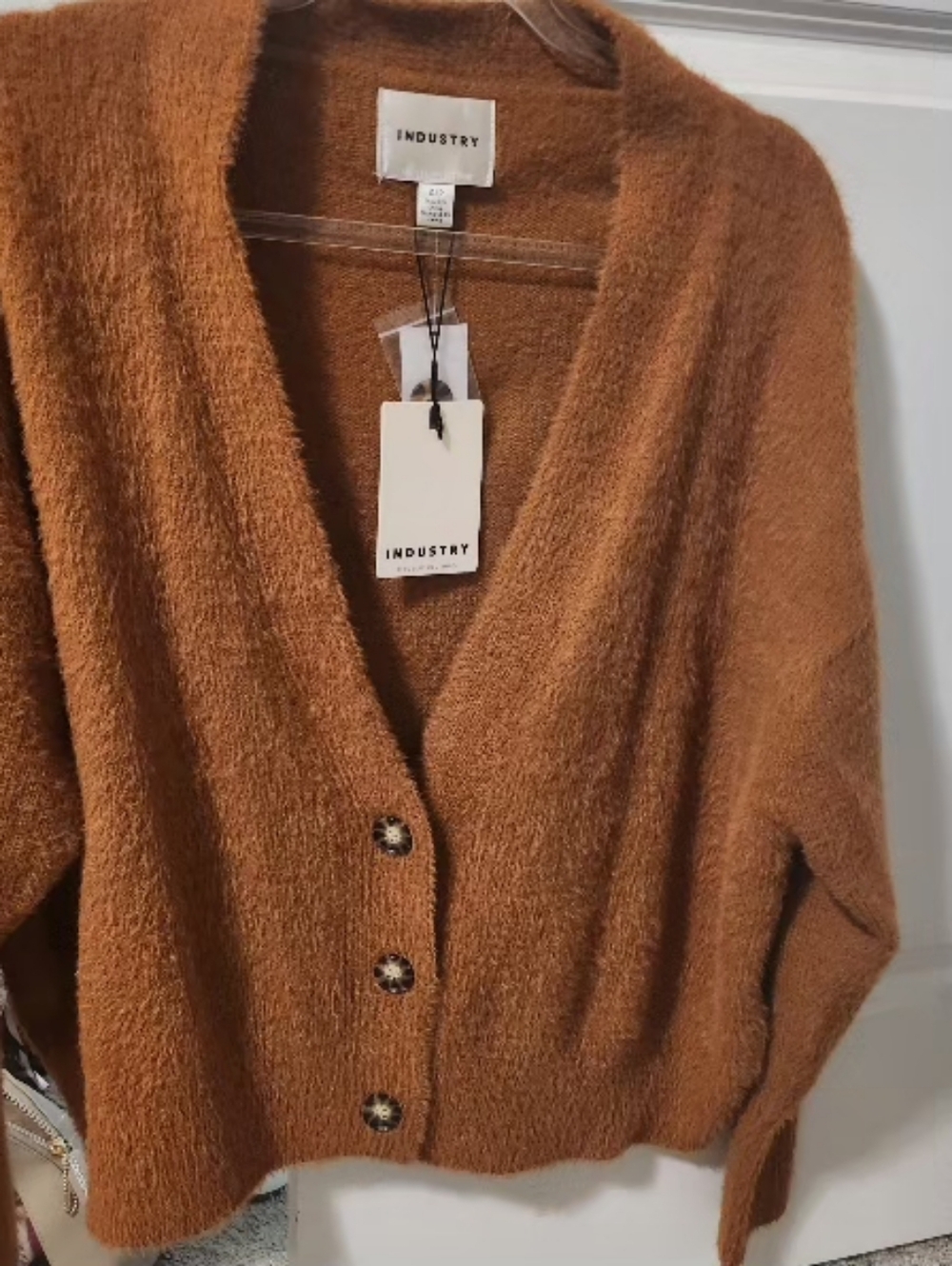 Industry Knit V-Neck Sweater Button Cardigan in Rust Brown - Picture 5 of 8